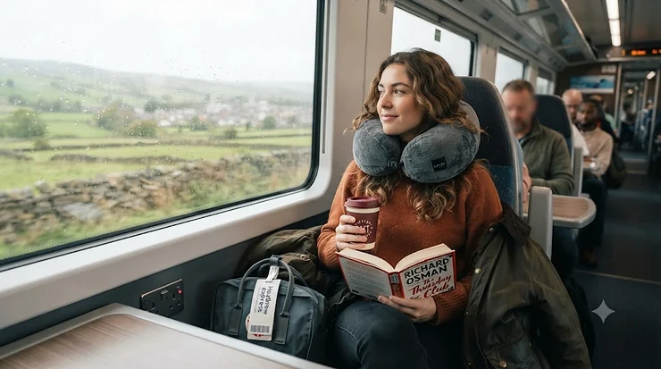 Comfortable grey memory foam travel pillow wrapped around a passenger's neck on a UK train, best option under £20. travel pillow under £20