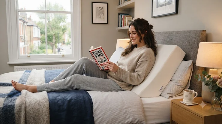 Best wedge pillow under £40 supporting the back and shoulders on a modern UK bed. wedge pillow under £40