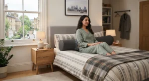 A firm bolster pillow for support positioned against an armchair to relieve lower back pain.