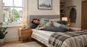Pregnant woman resting comfortably with a long bolster pillow for support under her bump and knees.