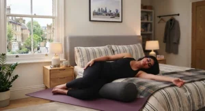 Cotton yoga bolster pillow for support used during a restorative stretching pose on a fitness mat.