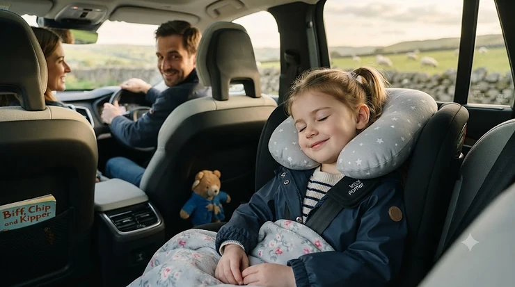 Happy child sleeping comfortably with a blue travel pillow during a family car journey across the UK. car travel pillow for kids