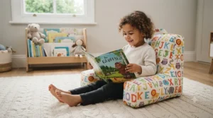 A child sitting comfortably on the carpet using a brightly coloured reading pillow in a home playroom.