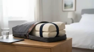 Portable memory foam knee pillow neatly placed beside a wooden bedside cabinet in a modern bedroom.