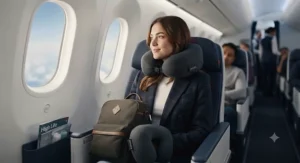 Compact, packable aeroplane pillow for long haul trips, easily fitting into hand luggage.