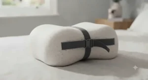 A contoured knee pillow equipped with a secure, adjustable elastic strap to keep the cushion in place throughout the night.