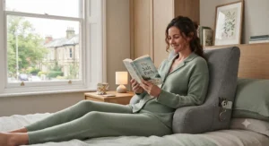 Relaxing in bed with a reading pillow for back pain and a paperback novel.