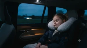 Cosy kids neck rest keeping a child comfortable during a late-night car ride home.
