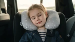Ergonomic child car seat neck support preventing head slump during motorway travel.