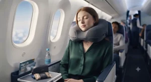 Travel pillow with advanced chin support designed to prevent head bobbing on long haul flights.