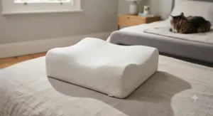 Close-up of an ergonomic, hourglass-shaped contoured knee pillow showing its curved design to fit comfortably between the legs.