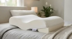 Close-up of a contoured memory foam leg spacer pillow showing breathable fabric cover.