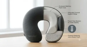 Cross-section diagram highlighting ergonomic contours designed to prevent head-bobbing during coach travel.