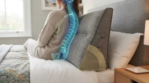Side profile diagram illustrating how a triangular wedge pillow aligns the spine while reading in bed.