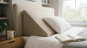 A firm triangular bed wedge pillow placed against an upholstered headboard for upright posture support.