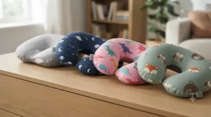 Fun dinosaur-print travel pillow designed for boys and girls on long car rides.