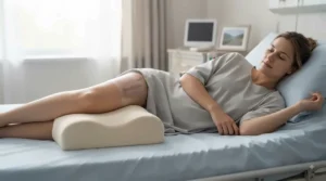 Supportive knee spacer cushion used during post-operative recovery to maintain correct leg positioning.