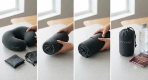 Step-by-step graphic demonstrating how to roll and compress a travel pillow into a space-saving stuff sack.