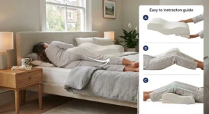 Step-by-step guide showing correct placement of the knee spacer pillow between the legs.