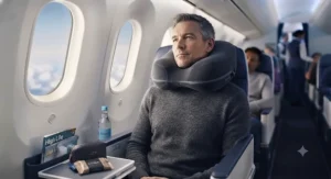 Removable and washable soft cover on a premium aeroplane pillow for long haul hygiene.