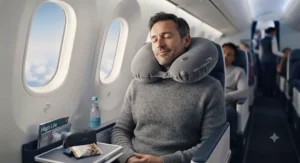 Adjustable inflatable aeroplane pillow for long haul travel comfort and easy storage.