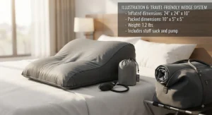 Compact and portable inflatable wedge pillow packed in a travel bag, designed for managing sleep apnoea while away from home.