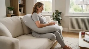 Diagram illustrating the ergonomic curves and dimensions of a supportive J-shaped maternity pillow.