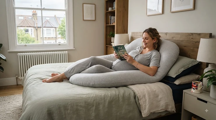 Ergonomic J-shaped pregnancy pillow designed for full-body support, featuring soft, breathable fabric for expectant mothers. J-shaped pillow for pregnancy