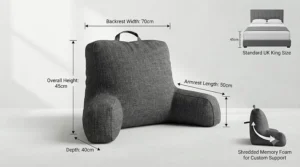 Size and dimensions infographic for a large reading pillow with arms, showing height, width, and ergonomic proportions.