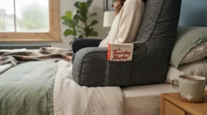 Close-up of the integrated side pockets on a large reading pillow with arms, ideal for storing a smartphone or remote control.