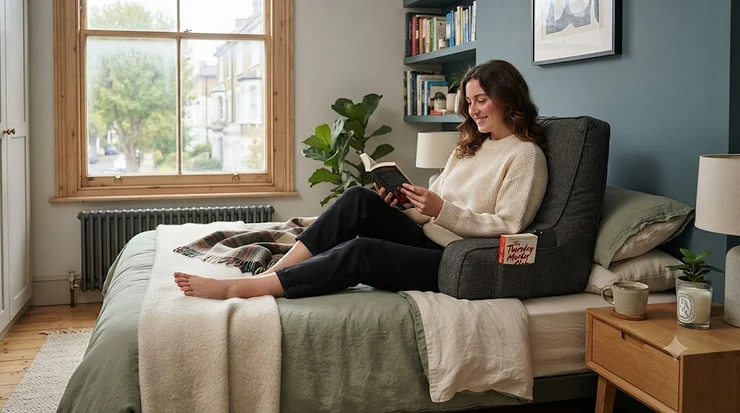 Large reading pillow with arms in grey velour, providing ergonomic back support for sitting up comfortably in a British bed. large reading pillow with arms