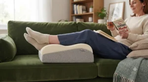 Leg elevation pillow resting on a living room sofa, providing comfortable support while sitting upright.