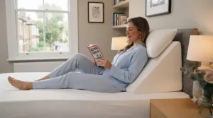 A supportive wedge pillow under £40 placed under the knees to improve circulation and relieve tired legs.