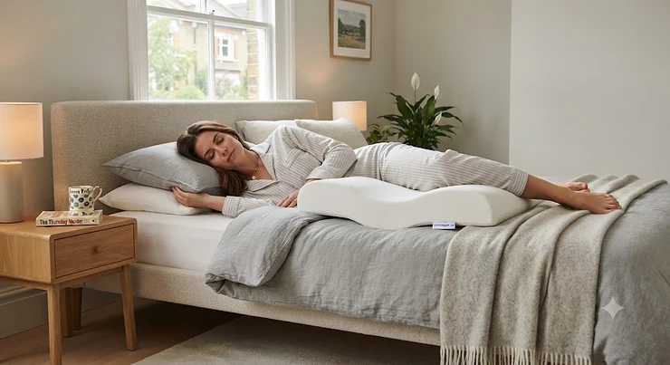 Person using an ergonomic leg spacer pillow for back pain relief while resting in bed. leg spacer pillow for back pain