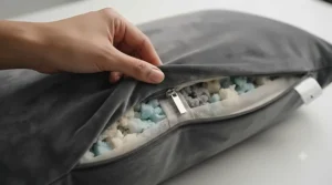 A hand unzipping a machine-washable dark grey velvet cover from a supportive bed pillow.