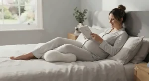 A pregnant woman resting comfortably in bed using a contoured knee pillow to support her legs and ease pelvic pressure.