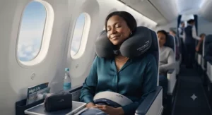 Supportive memory foam aeroplane pillow for long haul journeys across international flights.