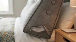 Close-up of removable, washable cotton cover on a supportive memory foam reading wedge.