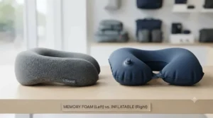 Side-by-side comparison of memory foam and inflatable travel pillows for neck support.