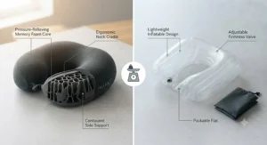 Comparison layout contrasting the plush support of a memory foam compact travel pillow with a lightweight inflatable version.