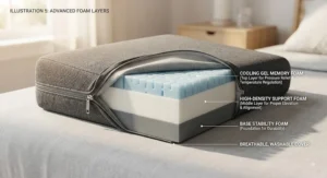 Cutaway view of a high-density memory foam wedge pillow featuring a cooling gel top layer for temperature regulation.