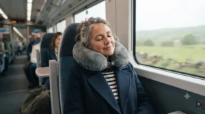 Passenger resting soundly with ergonomic neck support during a long-distance coach journey in the UK.