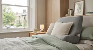 Neutral grey reading pillow for back pain styled on a neatly made UK double bed.