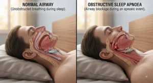 Medical cross-section illustration comparing a normal open airway to a blocked airway caused by obstructive sleep apnoea during the night.