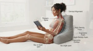 Diagram highlighting how an orthopaedic reading pillow aligns the spine and supports the lower back for comfortable reading in bed.