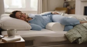 Anatomical diagram illustrating how using a pillow for hip pain sleeping maintains correct orthopaedic alignment of the spine and pelvis.