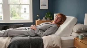 A person sleeping comfortably on their back using a firm wedge pillow for GERD and acid reflux relief.