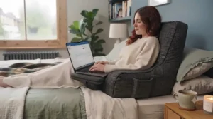 Person sitting up in bed watching television, supported by an ergonomic large reading pillow with arms.
