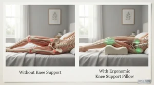 Diagram illustrating correct spinal and hip alignment when using a knee support pillow compared to sleeping without one.