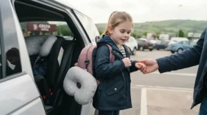 Portable kids neck pillow clipped onto a backpack ready for a UK family road trip.